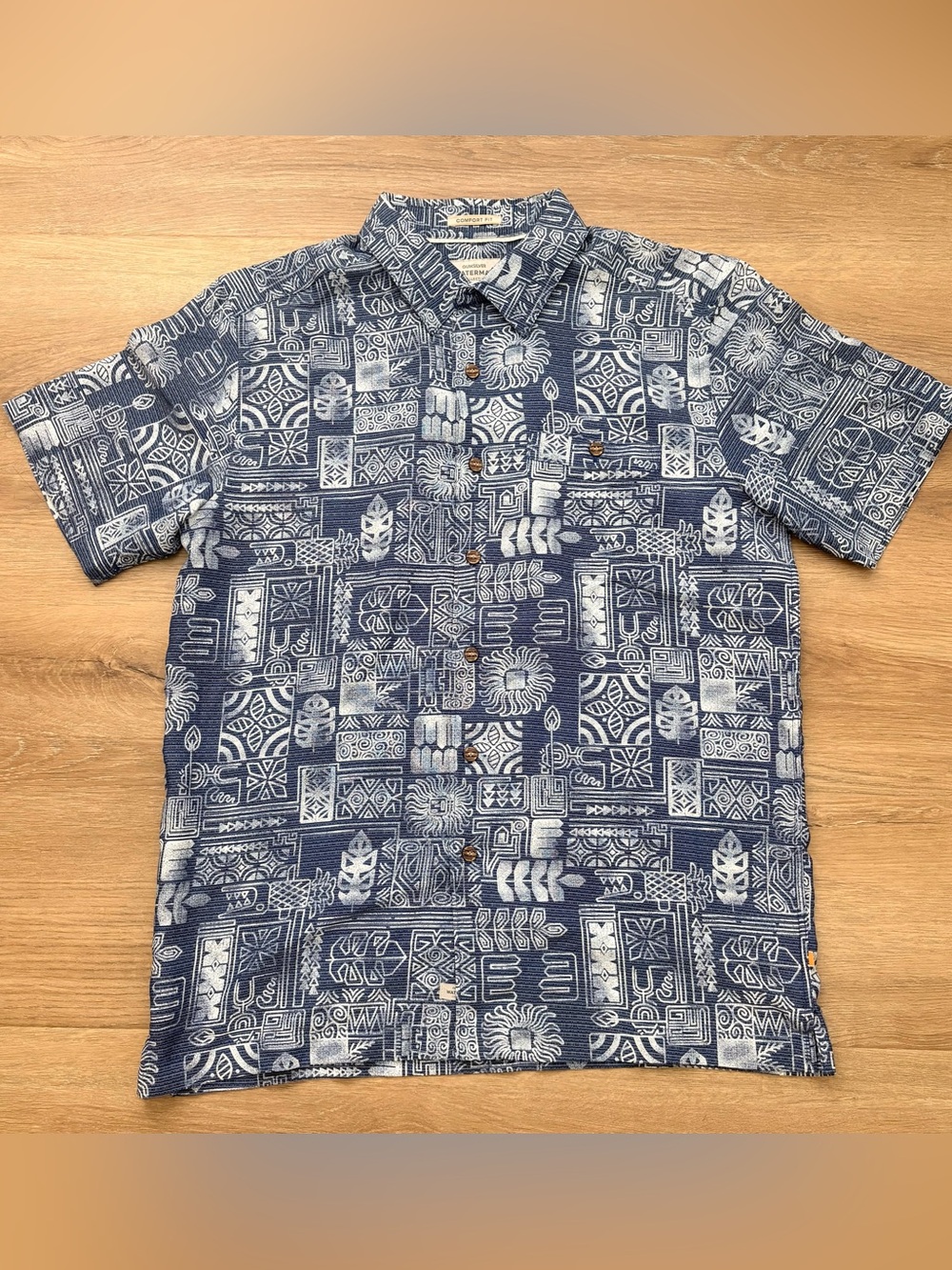 Quiksilver Waterman Hawaiian Aloha Shirt Tiki Print Mens Small Blue